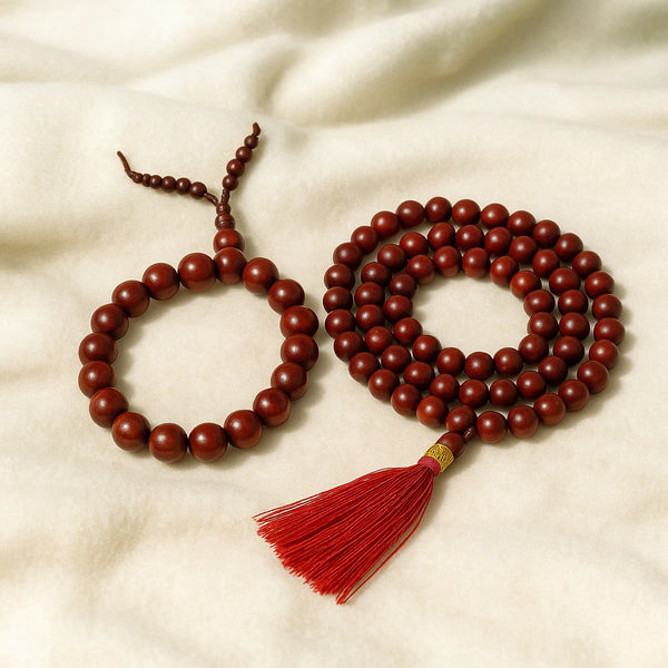 Red sandalwood bracelet and meditation mala combo with red tassel for calm and focus - Soultheory India