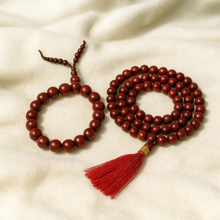 Red sandalwood bracelet and meditation mala combo with red tassel for calm and focus - Soultheory India