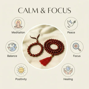 Red sandalwood bracelet and mala combo chart showing meditation, peace and focus benefits