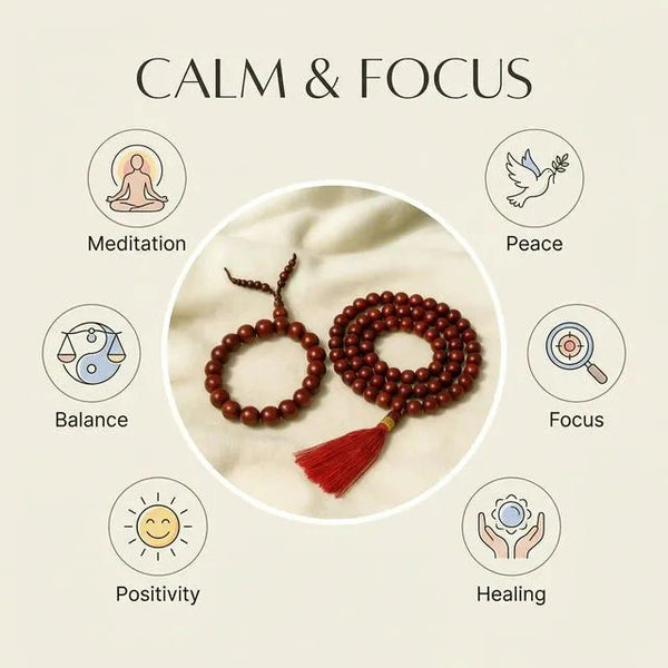 Red sandalwood bracelet and mala combo chart showing meditation, peace and focus benefits