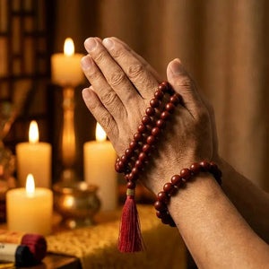 Red sandalwood meditation mala held in praying hands beside candles at a home altar