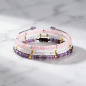 Rose quartz, amethyst and clear quartz manifestation bracelet combo on marble - Soultheory India
