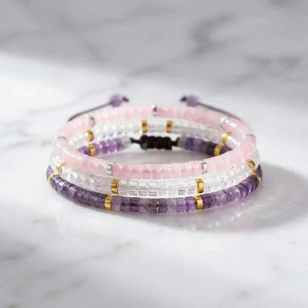 Rose quartz, amethyst and clear quartz manifestation bracelet combo on marble - Soultheory India