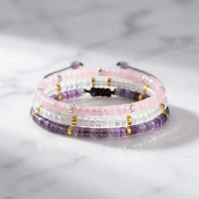 Rose quartz, amethyst and clear quartz manifestation bracelet combo on marble - Soultheory India