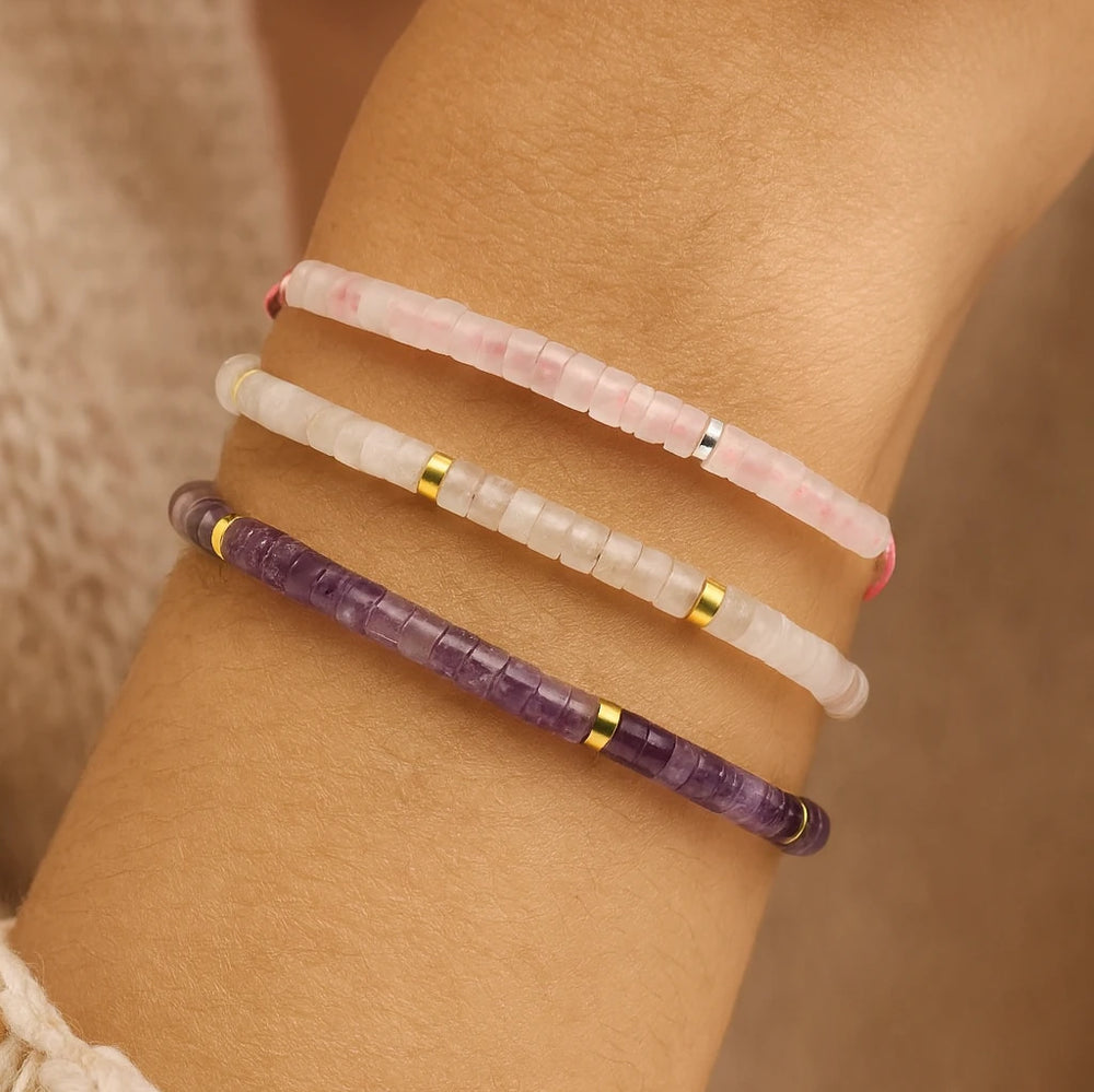 Rose quartz, amethyst and clear quartz manifestation bracelet combo on marble - Soultheory India