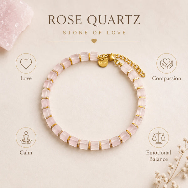 Rose quartz bracelet, the stone of love, with icons for compassion, calm and emotional balance