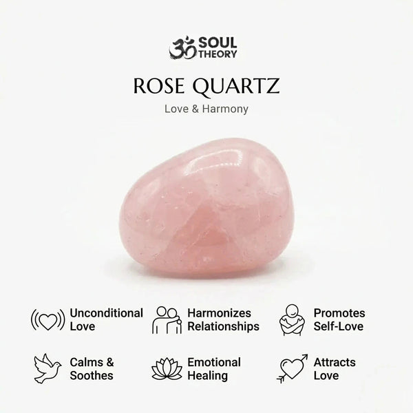 Infographic showing rose quartz bracelet meanings like unconditional love and harmony in relationships
