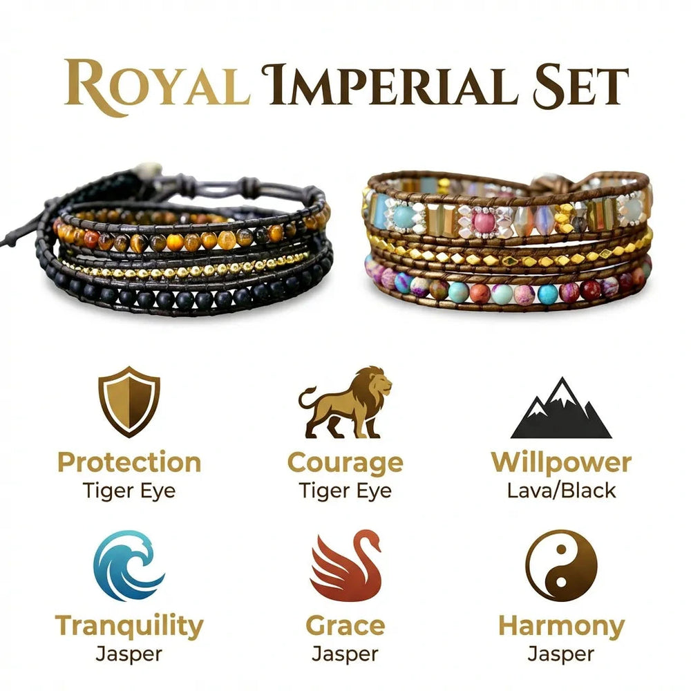 Triple protection and imperial jasper couple wrap bracelet set worn on wrists for protection - Soultheory India
