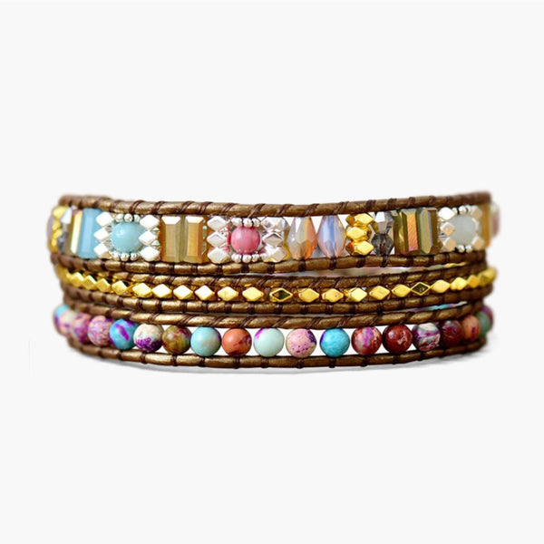 Colourful imperial jasper wrap bracelet with crystal and gold beads on tan leather for tranquility