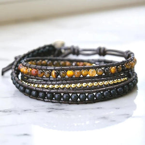 Triple protection wrap bracelet with tiger eye, gold and black lava beads on brown leather cord