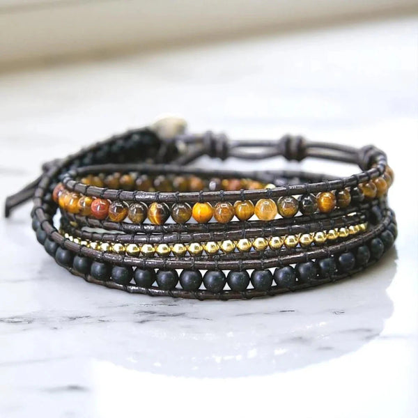 Triple protection wrap bracelet with tiger eye, gold and black lava beads on brown leather cord