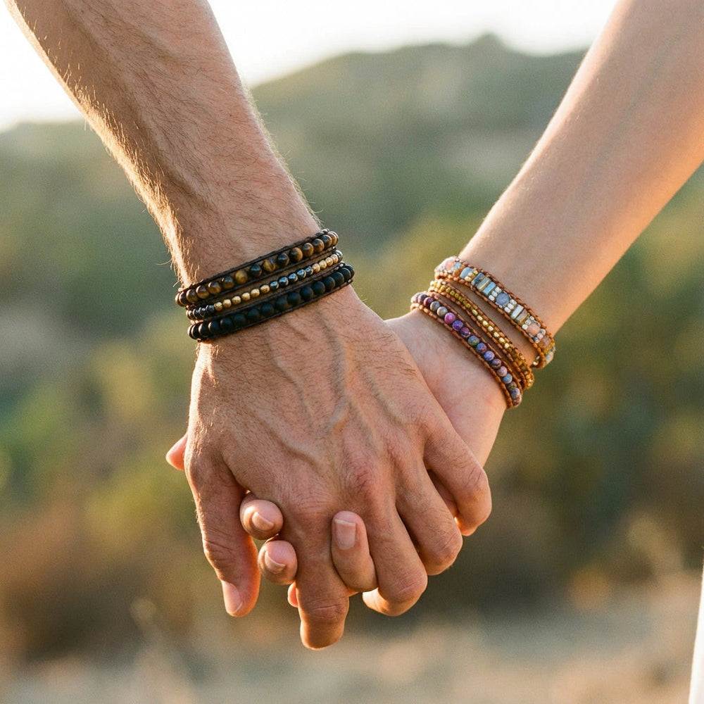 Triple protection and imperial jasper couple wrap bracelet set worn on wrists for protection - Soultheory India