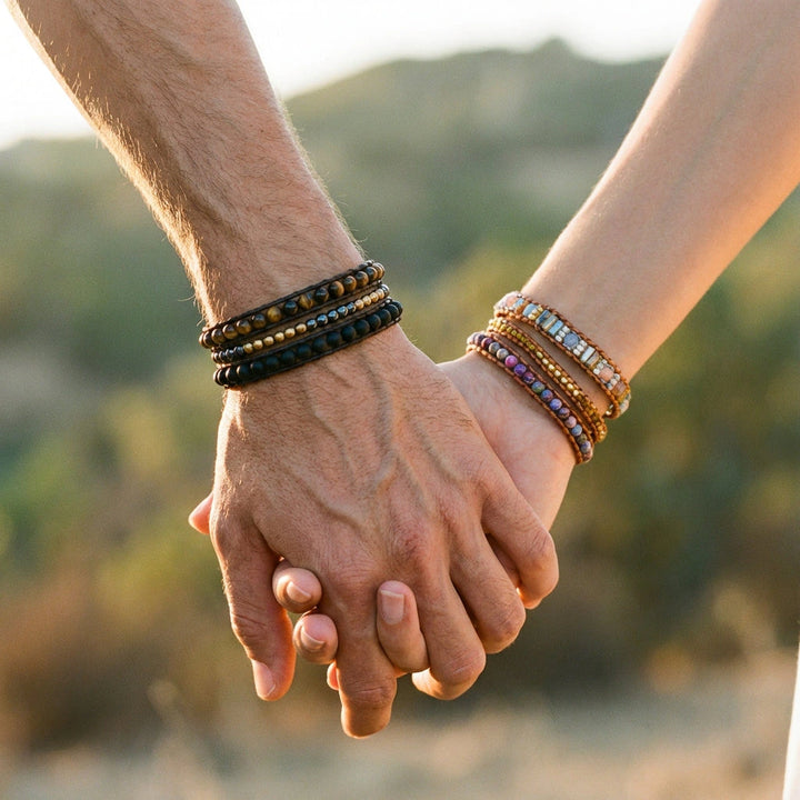Triple protection and imperial jasper couple wrap bracelet set worn on wrists for protection - Soultheory India