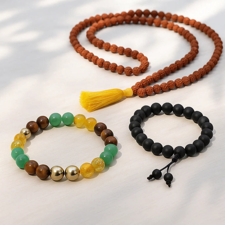 Rudraksha japa mala, money magnet bracelet and karungali wood bracelet wealth combo - Soultheory India