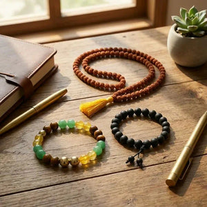 Rudraksha mala, money magnet and karungali bracelets styled on a wooden desk with journal and pen