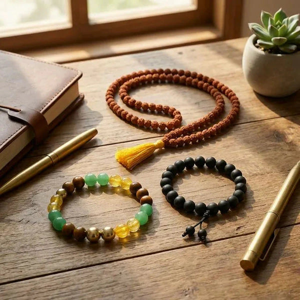 Rudraksha mala, money magnet and karungali bracelets styled on a wooden desk with journal and pen