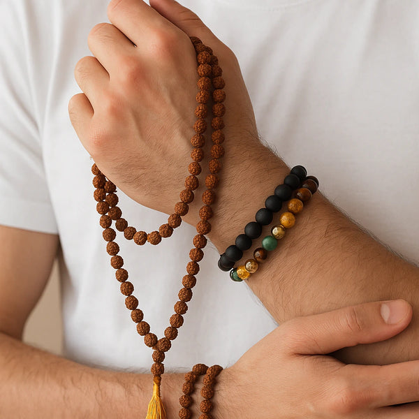 Man wearing the rudraksha japa mala with karungali and money magnet bracelets stacked on the wrist