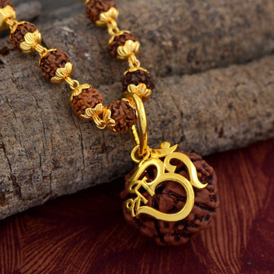 Original Nepali rudraksha bead necklace with gold plated Om Shree pendant - Soultheory India
