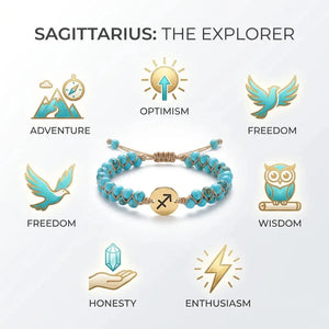 Sagittarius the explorer chart with turquoise zodiac bracelet showing adventure, freedom and wisdom traits