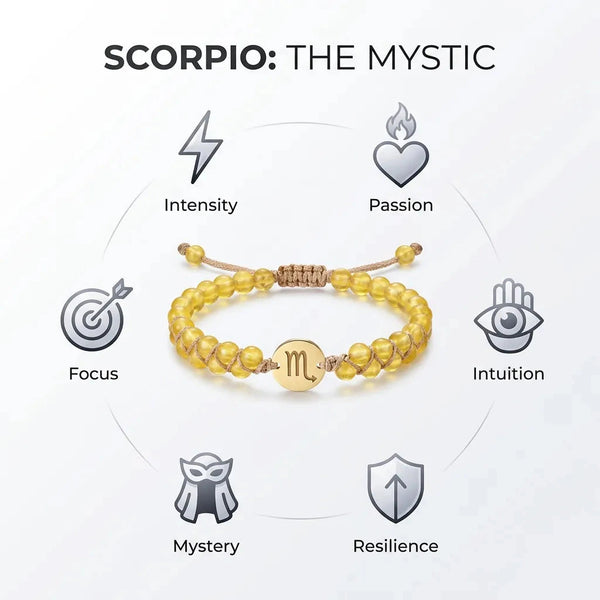 Scorpio the mystic chart with yellow citrine zodiac bracelet showing intensity, intuition and resilience
