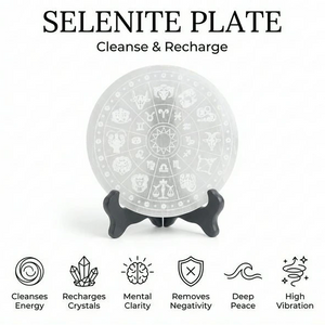 Selenite plate benefits chart showing cleanse, recharge, mental clarity and deep peace icons