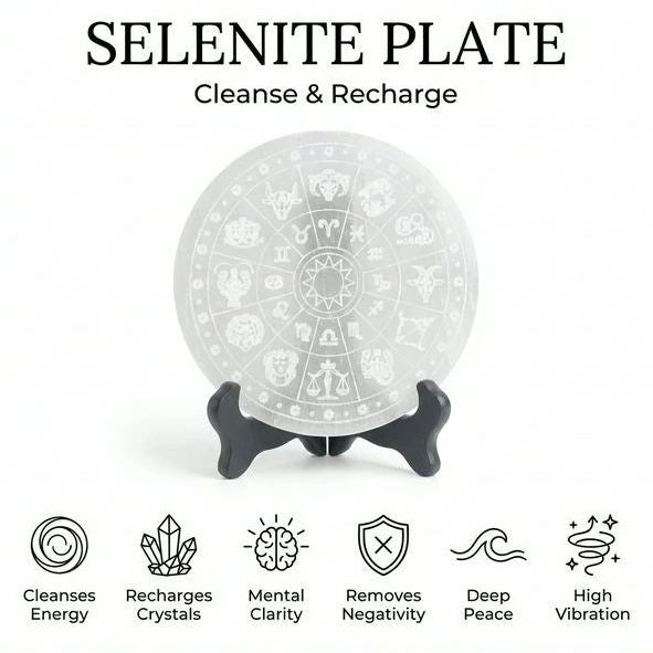 Round selenite charging plate engraved with zodiac wheel for cleansing and recharging crystal bracelets