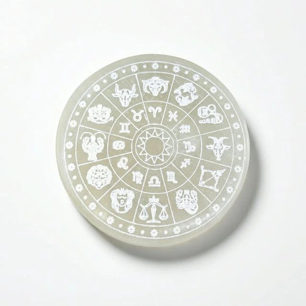 Selenite crystal recharging plate engraved with zodiac wheel for cleansing crystals - Soultheory India