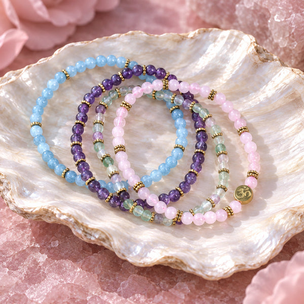 Soultheory Soothe 4 mm bracelet stack with Amethyst, Rose Quartz - hero product photograph