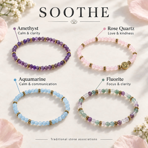 Soultheory Soothe 4 mm bracelet stack with Amethyst, Rose Quartz - stone benefits with colour markers