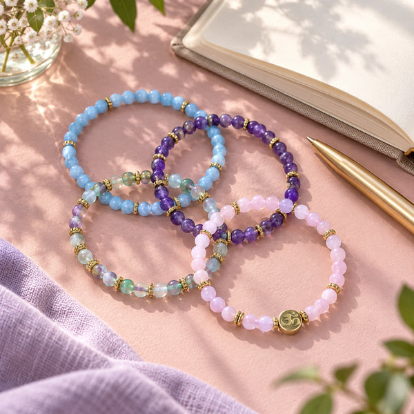 Soultheory Soothe 4 mm bracelet stack with Amethyst, Rose Quartz - everyday-use styling photograph