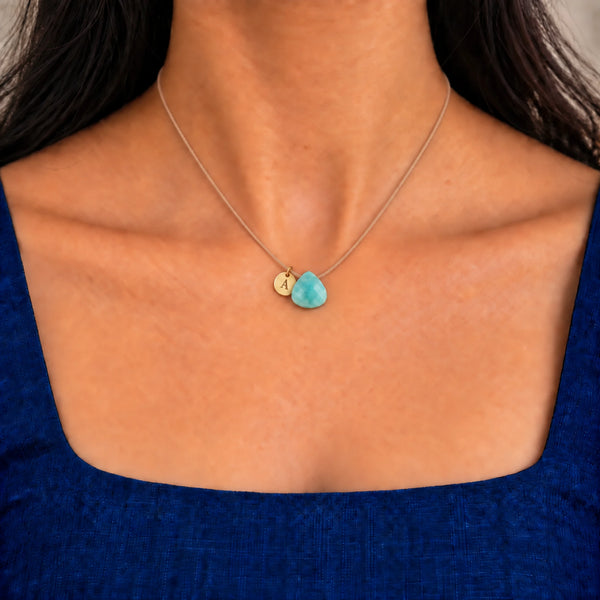 Amazonite Fine Cord Necklace - model photograph with optional A initial charm