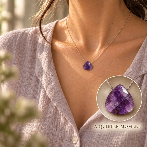 Amethyst Fine Cord Necklace - close model neckline photograph