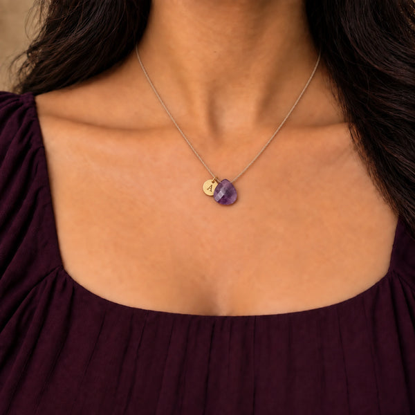 Amethyst Fine Cord Necklace - model photograph with optional A initial charm