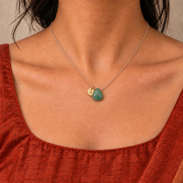 Green Aventurine Fine Cord Necklace - model photograph with optional A initial charm
