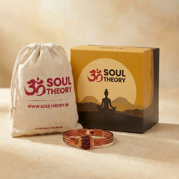 Soultheory copper rudraksha bracelet with gift box and handmade in India cotton pouch