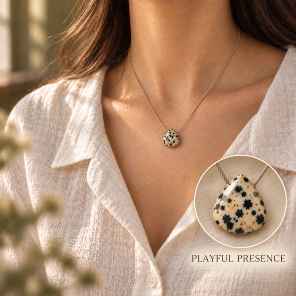 Dalmatian Fine Cord Necklace - close model neckline photograph