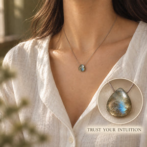Model wearing Labradorite pendant on subtle fine champagne cord