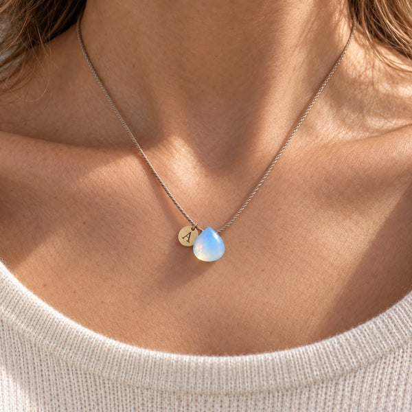 Opal Fine Cord Necklace - model photograph with optional A initial charm