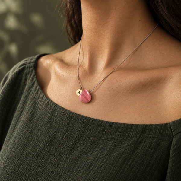 Rhodochrosite fine cord necklace 05 model initial