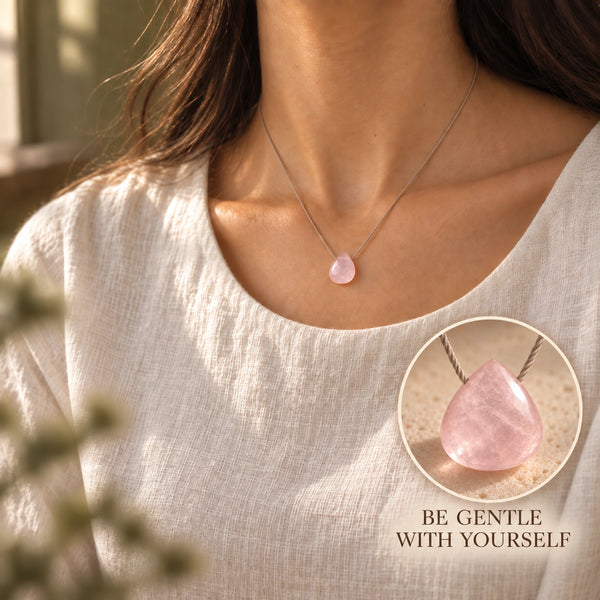 Rose Quartz fine cord necklace 02 model close