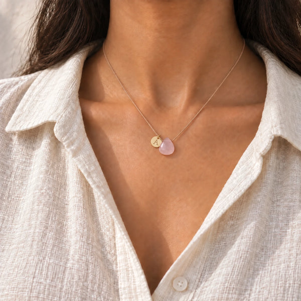 Rose Quartz fine cord necklace 05 model initial
