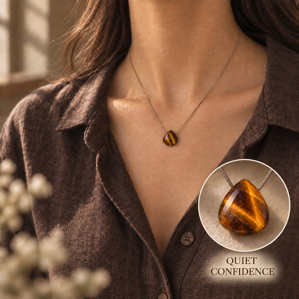 Tiger Eye fine cord necklace 02 model close