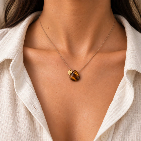 Tiger Eye fine cord necklace 05 model initial
