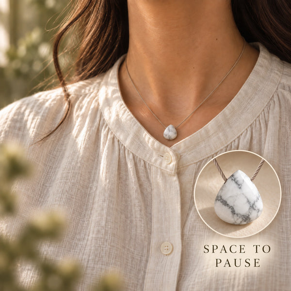 Howlite Fine Cord Necklace - close model neckline photograph