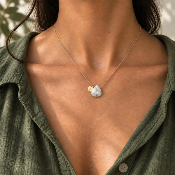Howlite Fine Cord Necklace - model photograph with optional A initial charm