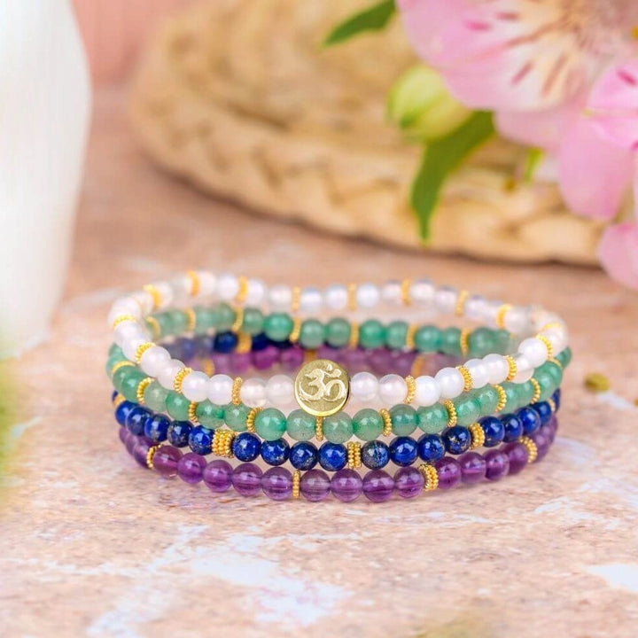 Soultheory Luck bracelet set of four on blush stone, with chalcedony, green aventurine, amethyst and lapis lazuli