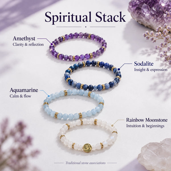 Soultheory Spiritual 4 mm bracelet stack with Amethyst, Sodalite - stone benefits with colour markers