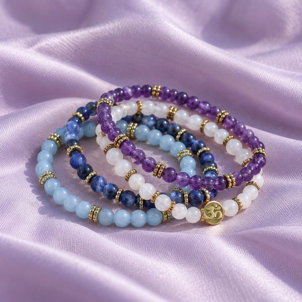Soultheory Spiritual 4 mm bracelet stack with Amethyst, Sodalite - fabric styling photograph