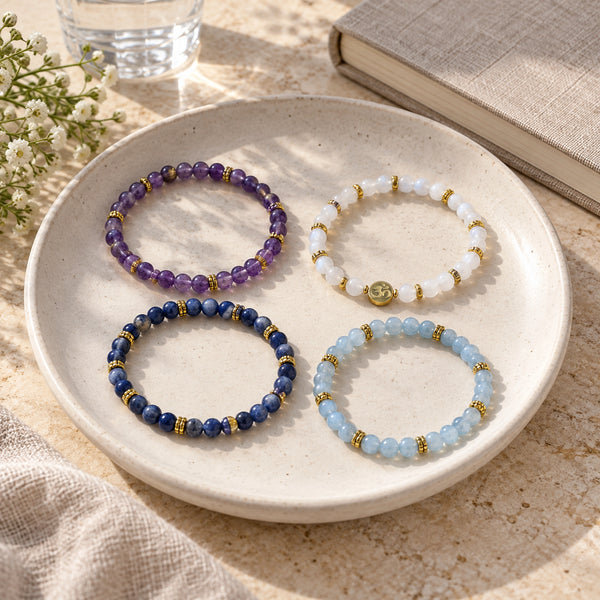 Soultheory Spiritual 4 mm bracelet stack with Amethyst, Sodalite - everyday-use styling photograph