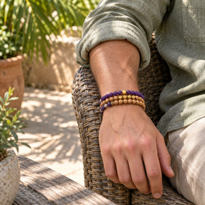 Amethyst and Rosewood set of 3 bracelets worn on a male wrist